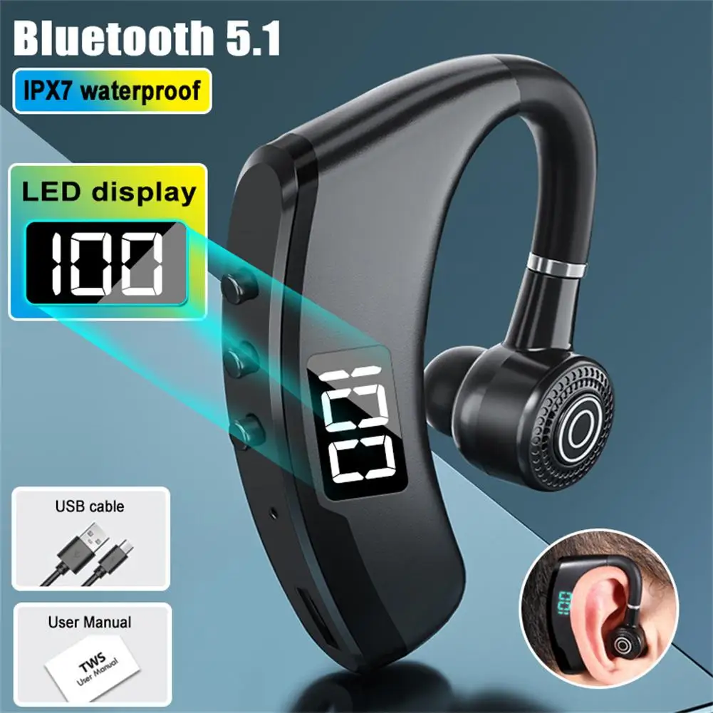 V9 Pro Wireless Bluetooth Headset With Mic Noise Canceling Business Sport Handsfree Earhook Earphones Led Smart Display