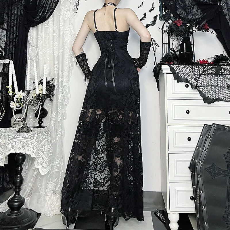 Gothic Sexy Dark Floral Lace Sheer High-Slit Slip Dresses Women Vintage Y2K Backless Lace-up Slim Women Long Dress Partywear
