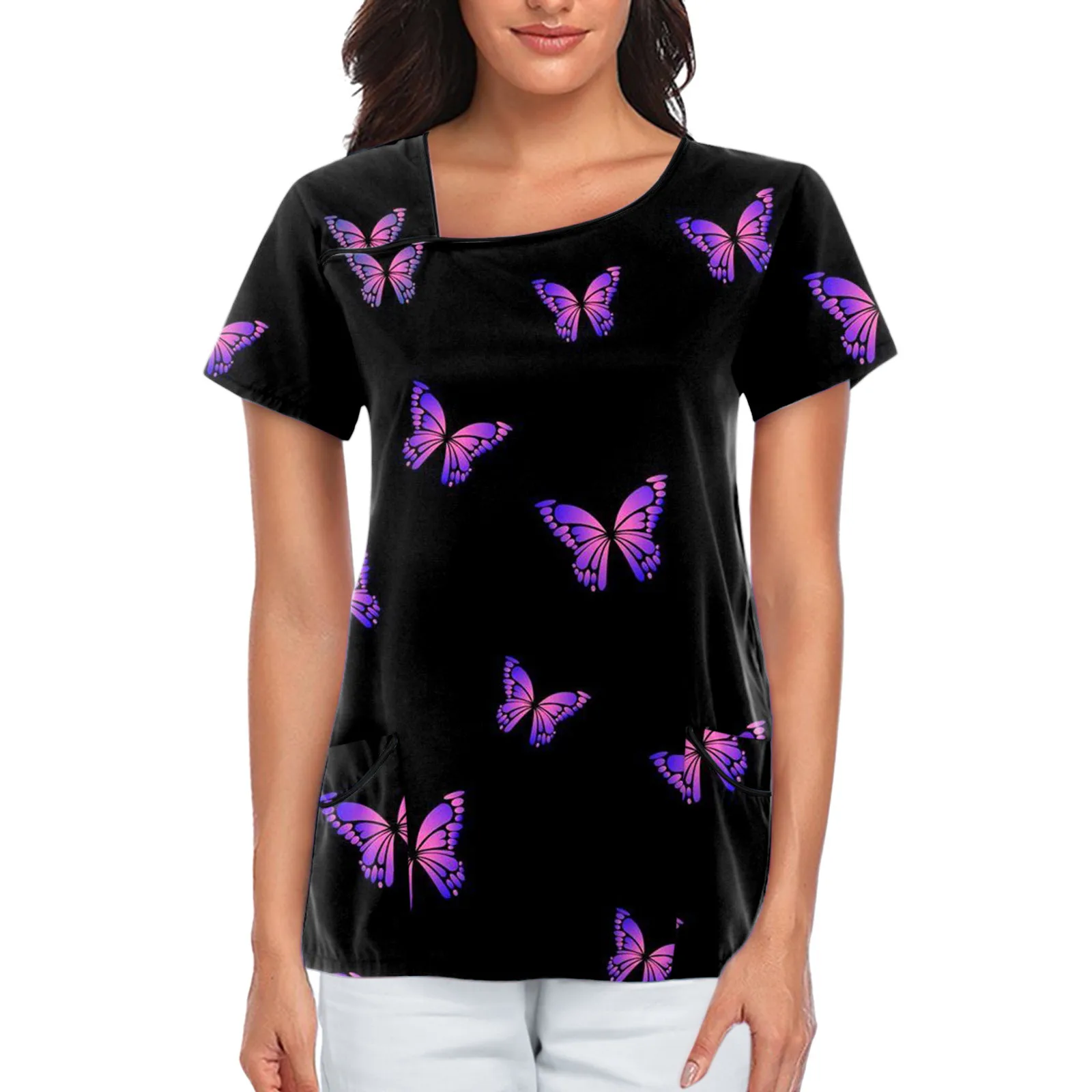 Butterfly Print Nurse Uniform Scrubs Tops Womens Short Sleeve Pockets T-Shirt Nursing Medical Uniforms Workwear Tunic Blouses