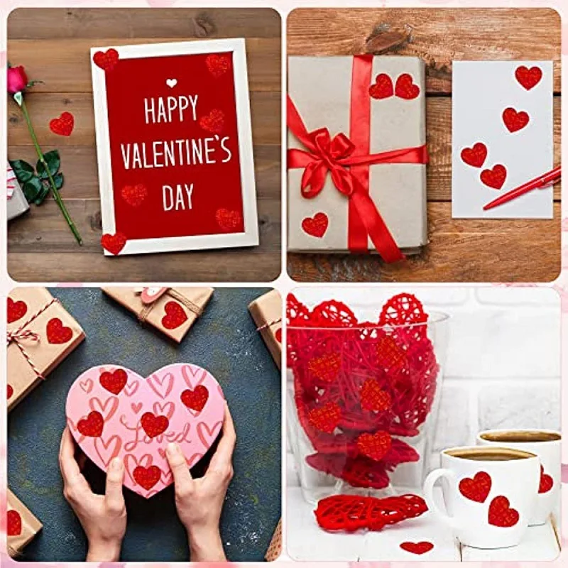 500pcs 1inch Red Love Shaped Stickers Roller Mother's Day Valentine's Day Sticker with Glittering Patterns Gift Decoration Label