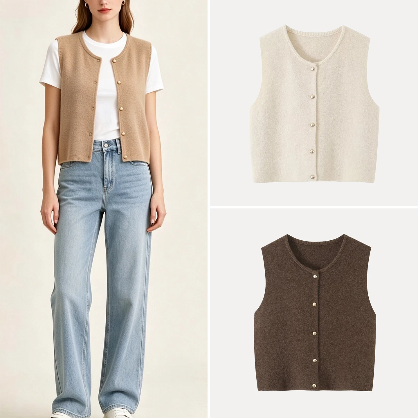 Fashionable Metal Buckle Decorated Sleeveless round Neck Open Cardigan Top Women's Autumn Wear ZADATA Brand Regular Length