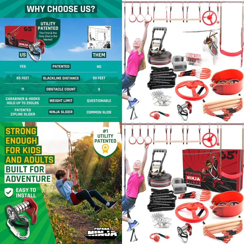 Kit de Pista de Obstáculos Ninja Fofana - 65 pies, Rojo, 11 Obstáculos - Tirolina y Rueda de Polea - Desafío Familiar de Slackline Ninja