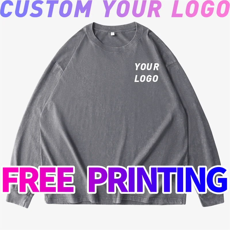 Custom T-shirt free print logo images vintage washed design Long sleeves clothes cotton cultural shirts men's women's Casual tee