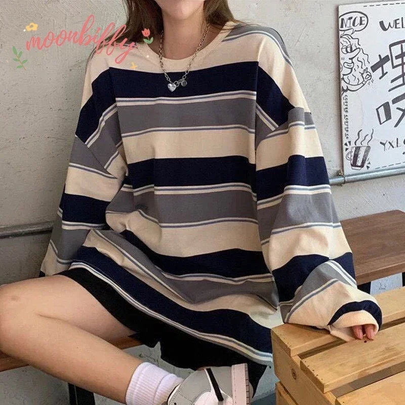 Sudadera con capucha a rayas de gran tamaño para mujer, jerséis Harajuku, moda coreana, Tops de manga larga a juego para parejas, ropa de calle de