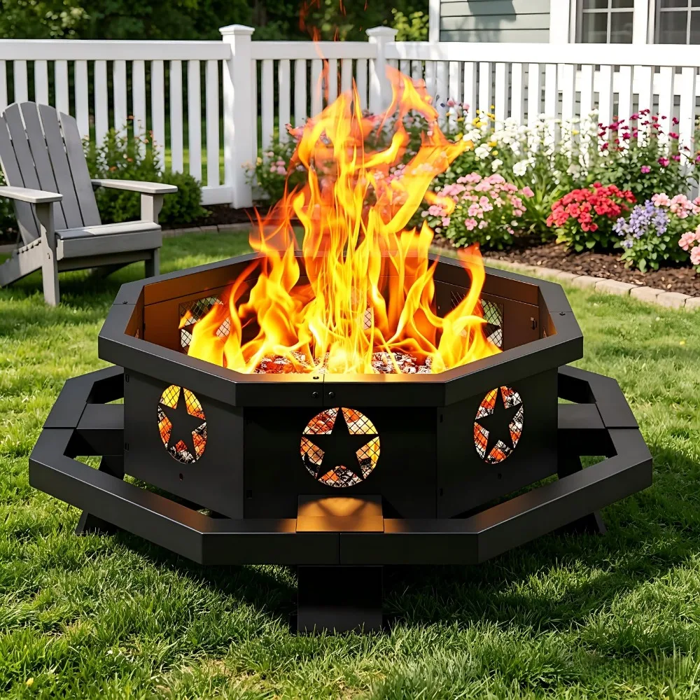 43 inch Large Fire Pit, Outdoor Fire Pit with Heavy Duty Construction, Wood Burning Fire Pits for Outside Octagonal