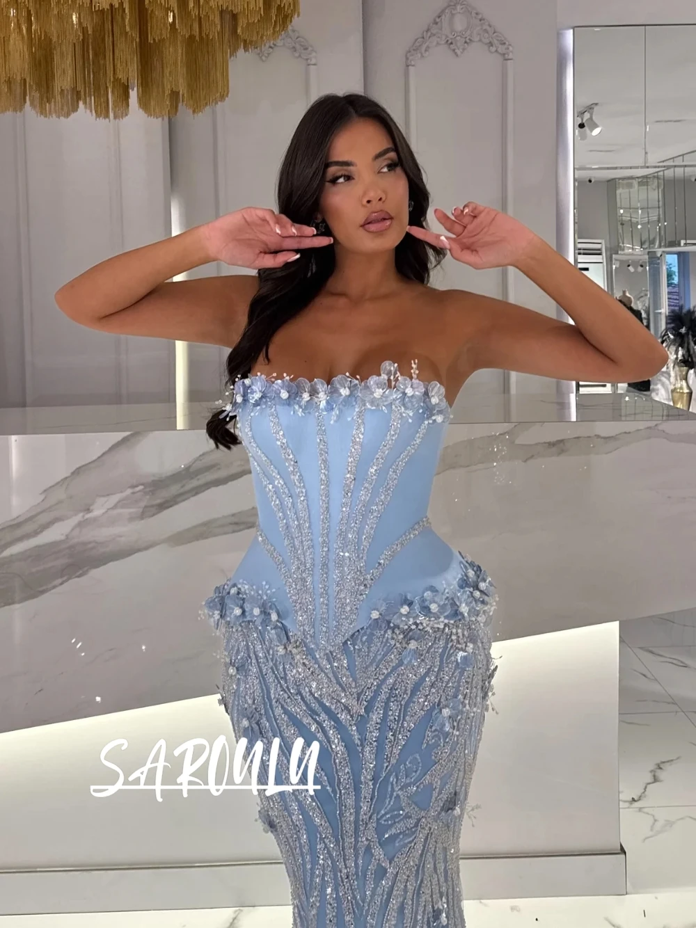 

Синие цветы, блестящее вечернее платье русалки, модное платье для выпускного вечера без бретелек по индивидуальному заказу, привлекательное стильное праздничное платье из бисера