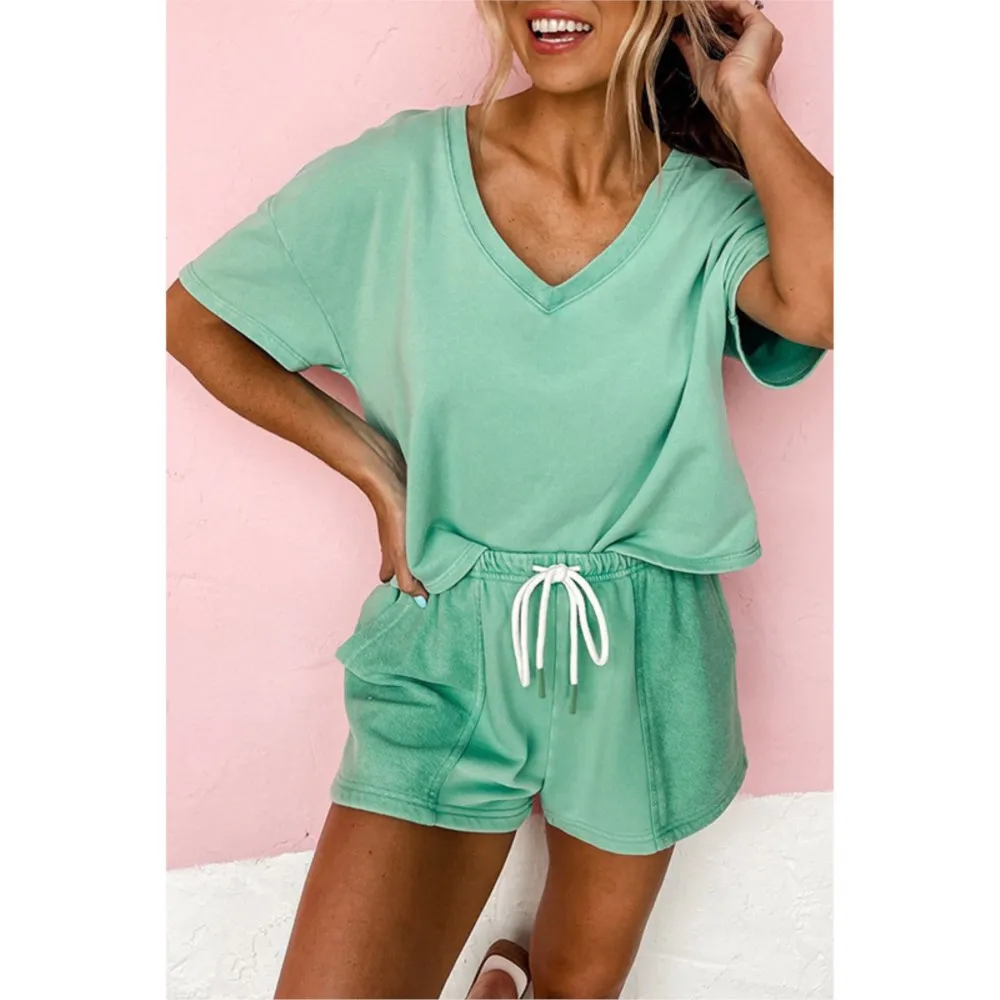 Verão nova cor sólida de manga curta t camisa shorts feminino 2 peça conjunto moda versátil solto e lisonjeiro shorts esportivos feminino