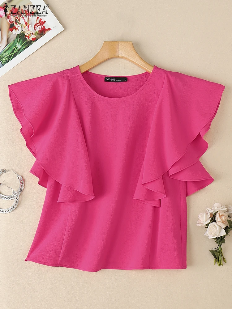 

ZANZEA O-Neck Solid Color Blouses 2025 Summer Crinkle Textured Streetwear Woman Tops Fashion Casual Ruffle Sleeve Blusas Mujer