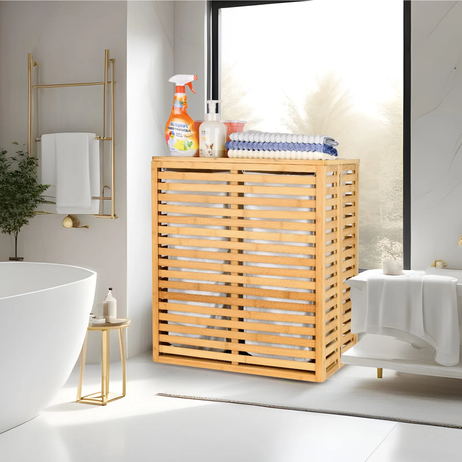 

Bamboo Laundry Basket with Lid - Foldable Laundry Basket with 2-Section Removable Lining Bag, Space-Saving Laundry Sorter