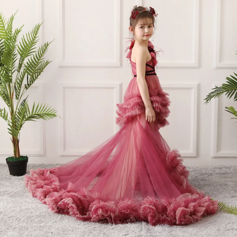 2022 Gold First Communion ชุดเด็ก Evening Applique โบว์ยาวสาวสวมใส่ลูกไม้ Tulle ดอกไม้ชุด