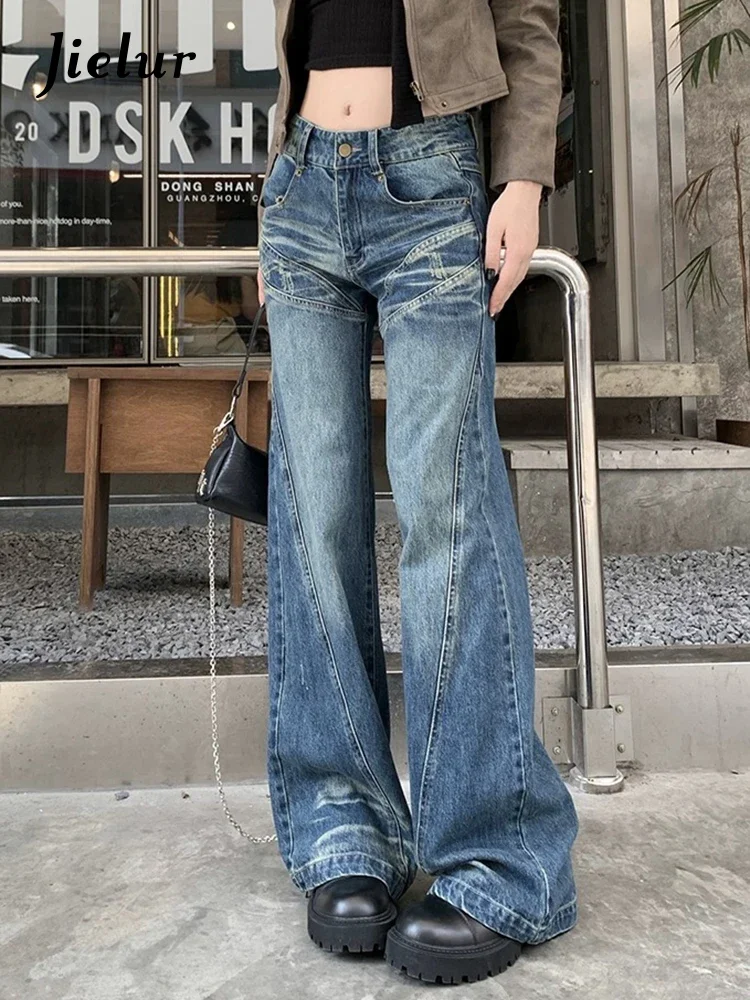 

Jielur Vintage Washed American Style Sexy Women's Jeans Slim Fashion Loose Pockets Office Ladies Full Length Chic Wide Leg Pants