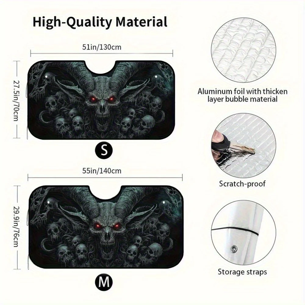 1pc Gothic Devil Horned Design Front Windshield Sunshade - Foldable Polyester Car Visor With Red Eyes & Skulls, Enhances Interio