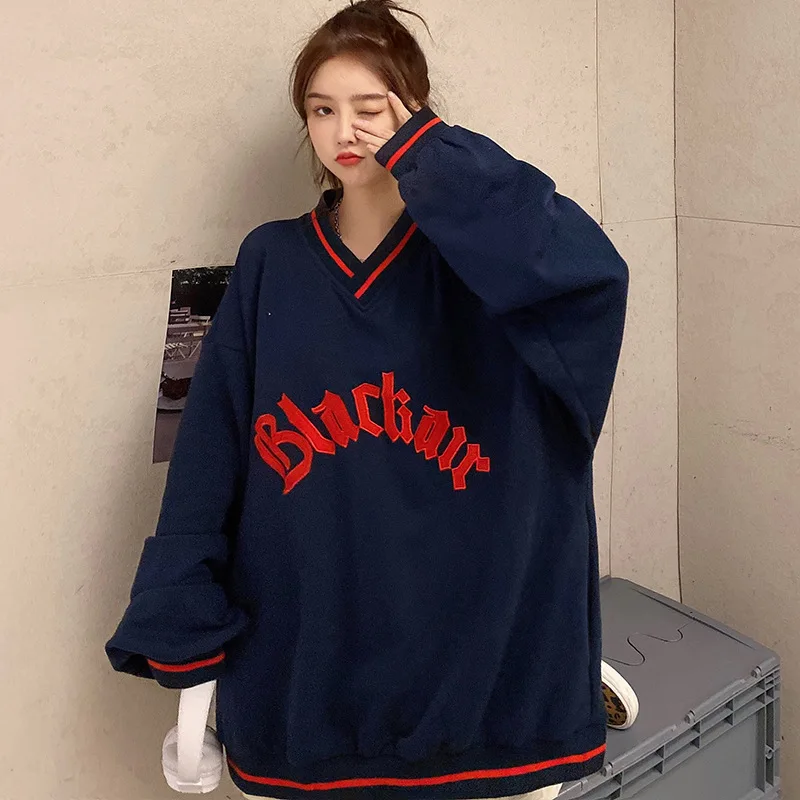 

Vintage Letter Print Sweatshirt Women Fashion Hip Hop V-neck Loose Long Sleeves Pullover Casual Oversize Baseball Uniform Tops