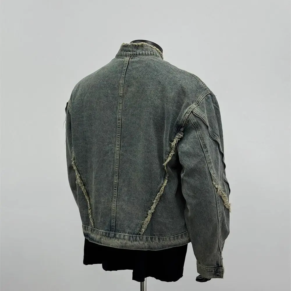 

American retro deconstructed breasted washing denim jacket spring and autumn short motorcycle stand collar jacket