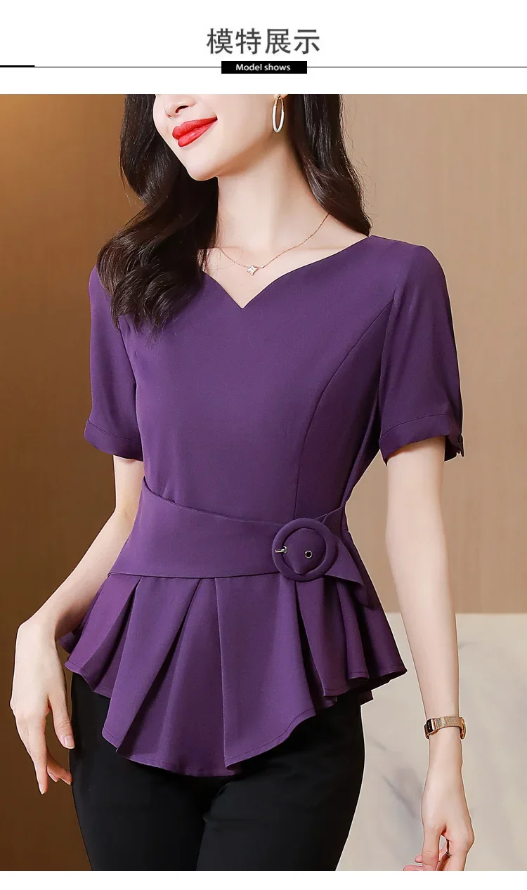 French Style Women Short Sleeve Peplum Tops Elegant Women Peplum Shirts Woman  Peplum Blouses