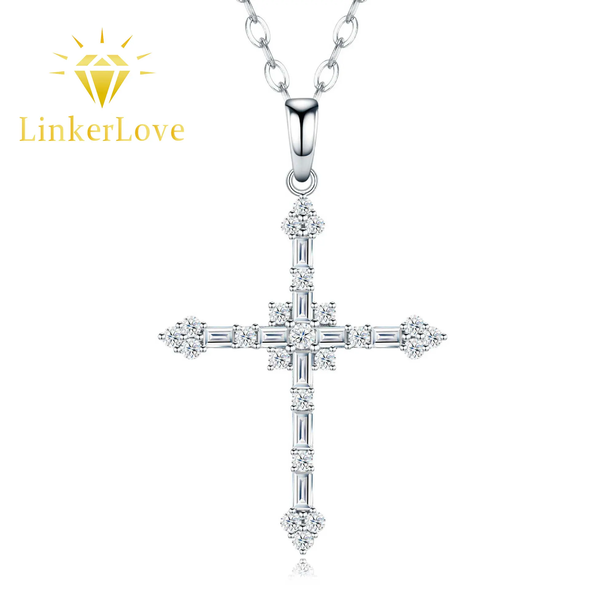 

LinkerLove S925 Silver Moissanite Cross Pendant Necklace with Round Center Stone Emerald Cut Diamond Choker Jewelry for Women