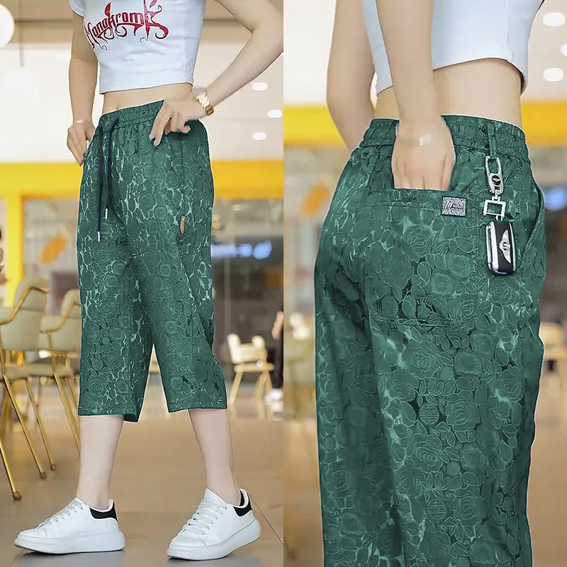 New 2026 Men's Ice Silk Embroidered Seven-Foot Pants Summer Thin Casual Straight Leg Shorts Loose Breathable Fashionable