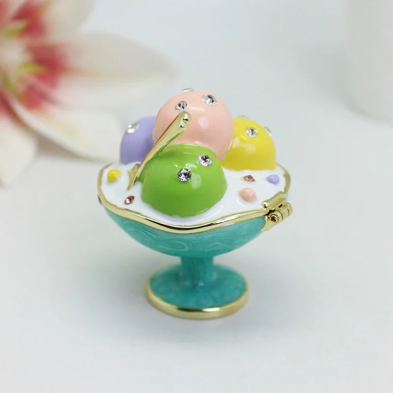 SHINNYGIFTS Ice Cream Cup Enamel Trinket Box Figurine Collectibles Hinged Jewelry Box for Mini Ring Earring Storage Unique Gift