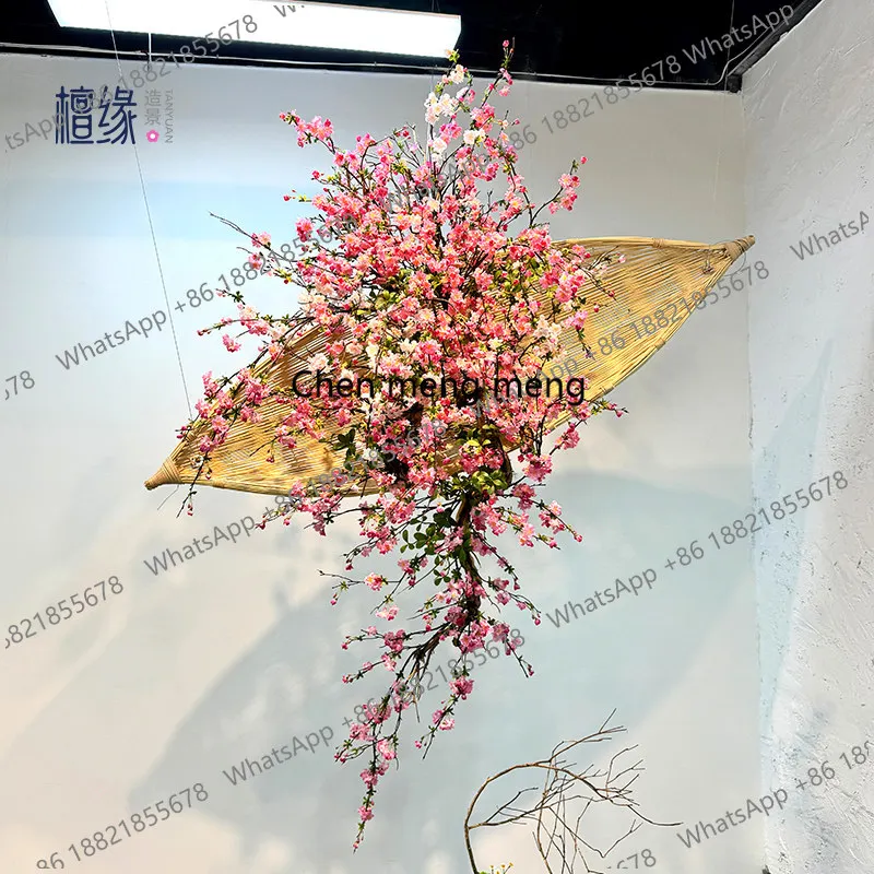 

Hanging upside down simulation cherry blossom bamboo weaving boat landscaping indoor floral soft decoration