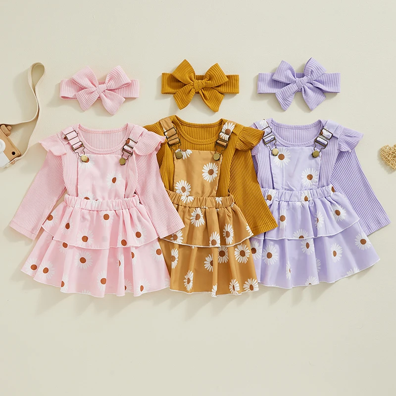 

Baby Girls Fall Outfit Ribbed Long Sleeve Solid Color Romper and Square Neck Floral Suspender Skirt Cute Headband 3Pcs Set