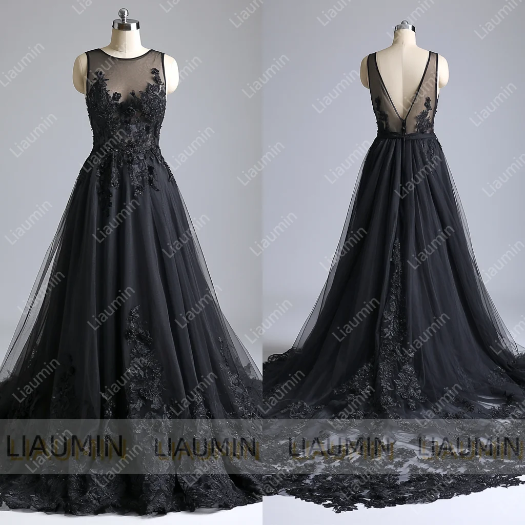 Black Tulle Lace Applique Vintage Full Length Formal Prom Gown Vintage Wedding Evening Prom Bridesmaid Dress Customizd W22