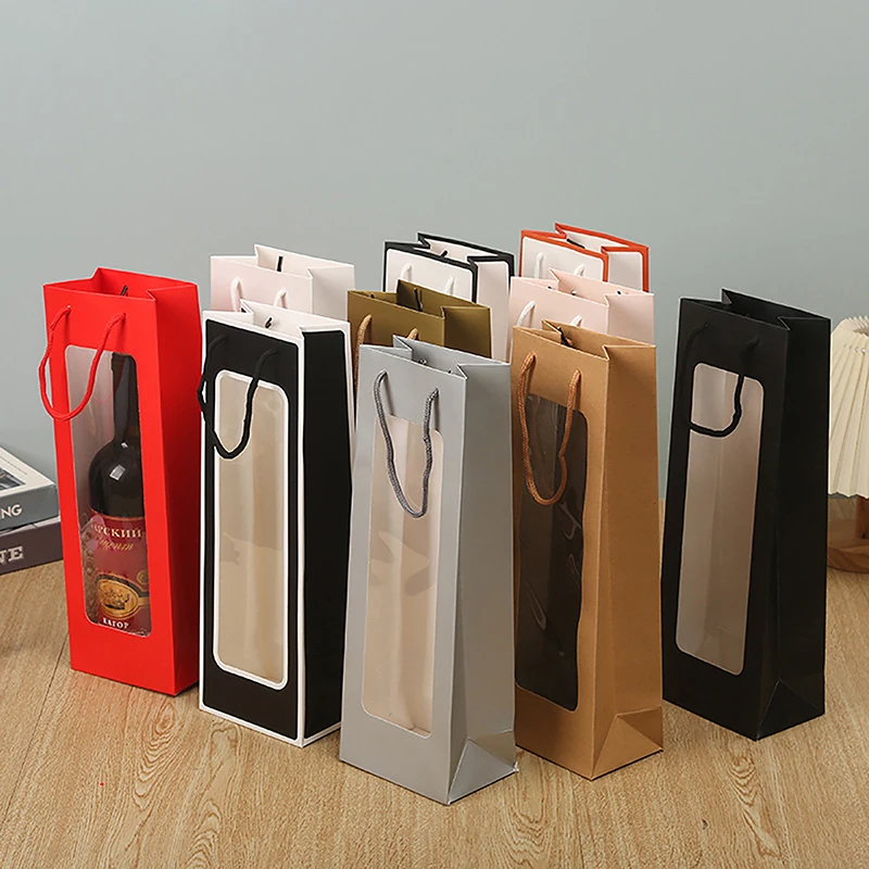 Nuova singola borsa Tote vino rosso finestra PVC trasparente carta Kraft fiore bambola confezione regalo rettangolare