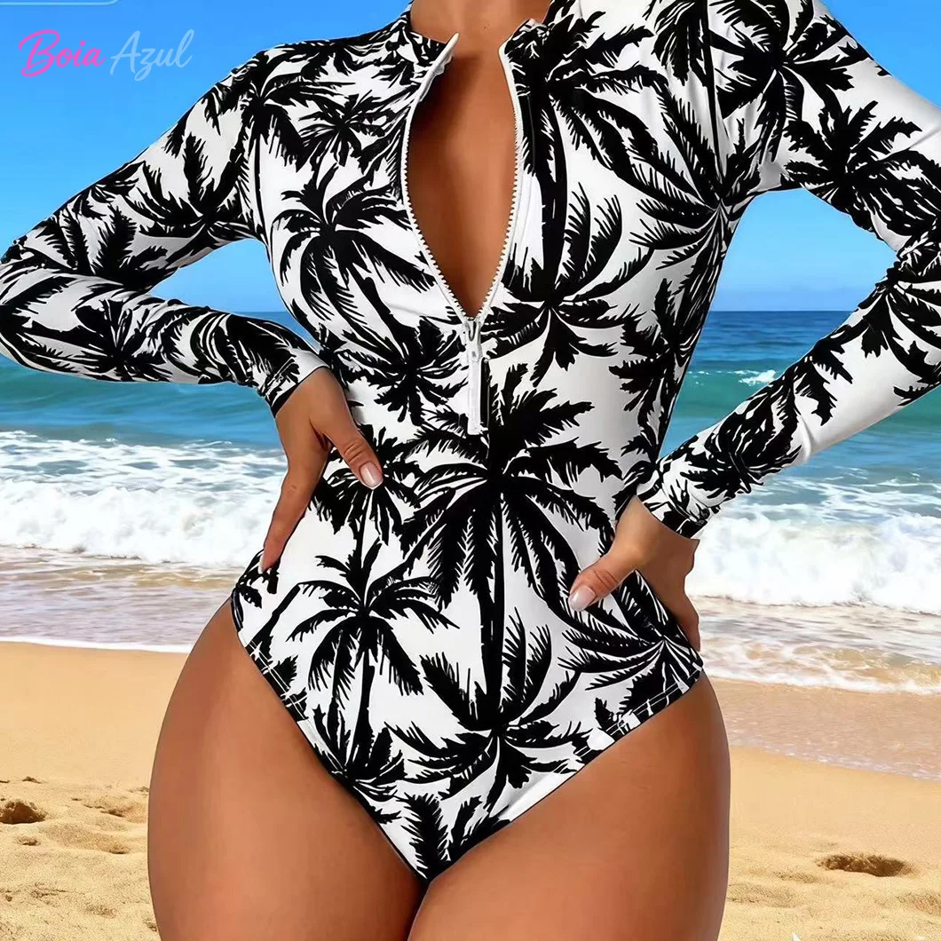 Gradually lengthening sleeve sun-protective swimsuit half-zipper surf and diving one-piece swimsuit sexy beach swimsuit