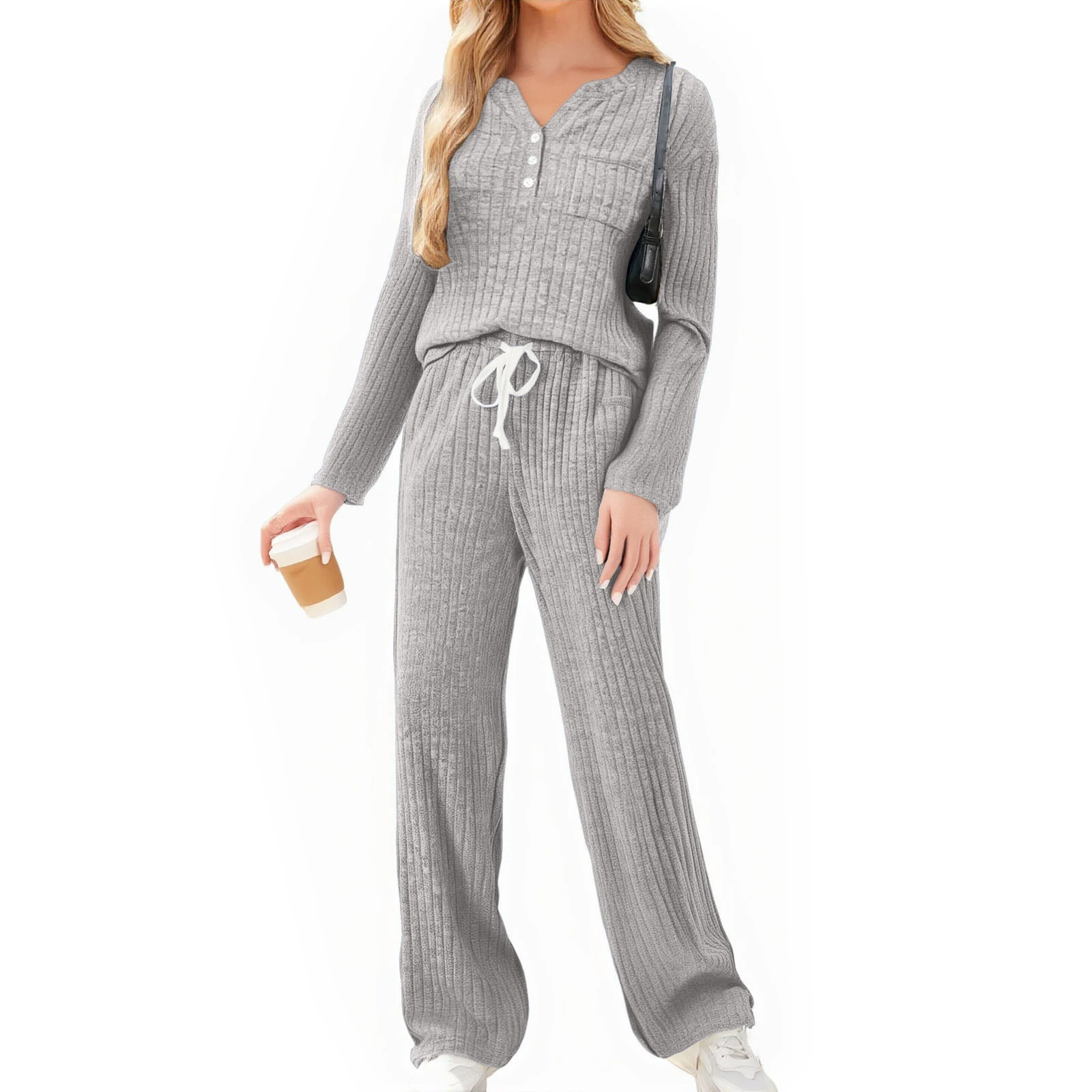 

2 Pieces Pajamas Set for Women Sleepwear V-neck Ribbed Knit Tops and Trousers Homewear Casual Outfits Autumn Winter Pajamas Set