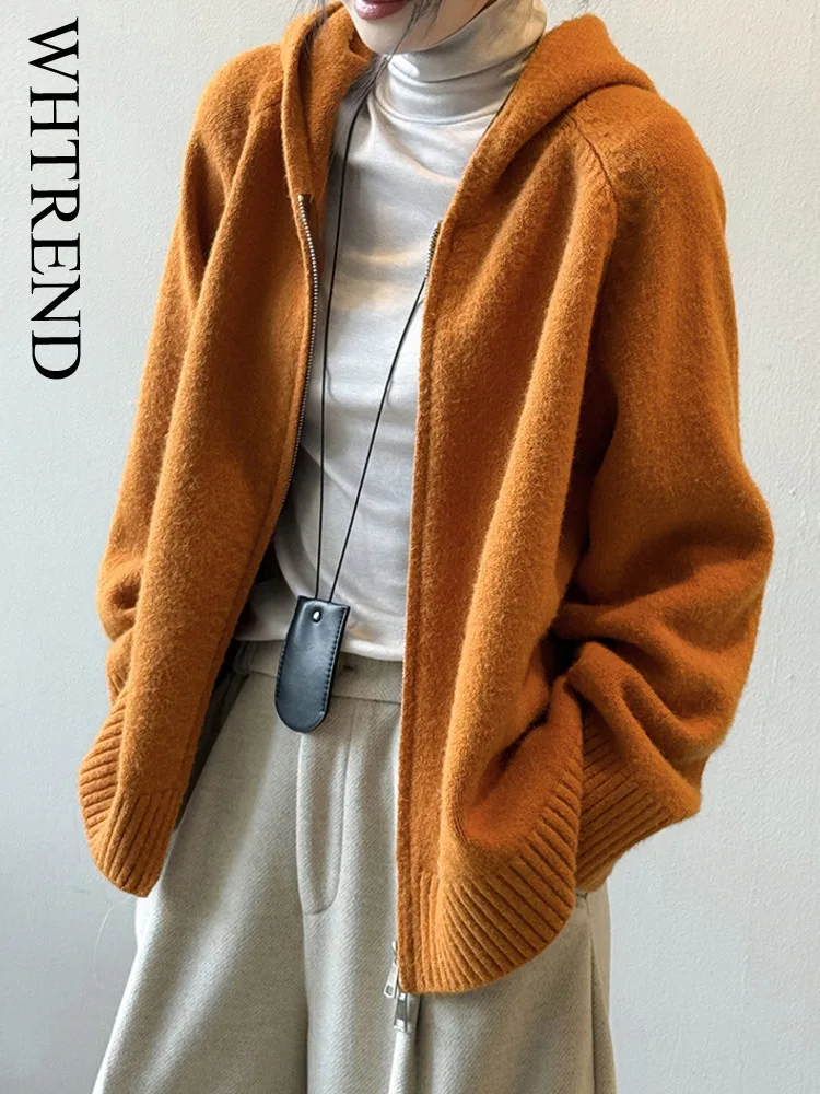 

WHTREND простой вязаный кардиган на молнии с капюшоном для женщин осень-зима повседневный универсальный однотонный свитер куртка WH1867