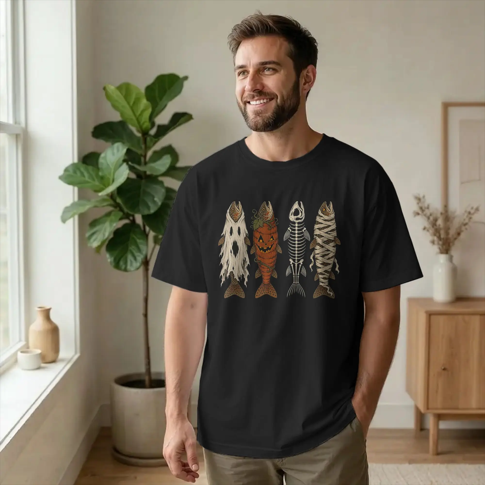 Halloween Trout Fish Ghost Pumpkin T Shirts for Men Cotton T-Shirts Round Neck Skeleton Mummy Tees Short Sleeve Tops New Arrival