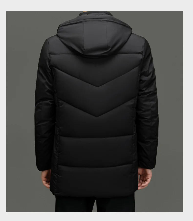 Jaqueta preta meio-longa com capuz acolchoado masculino, Parkas de negócios, casual, espessada, quente, casaco masculino, simples, moda, novo, inverno