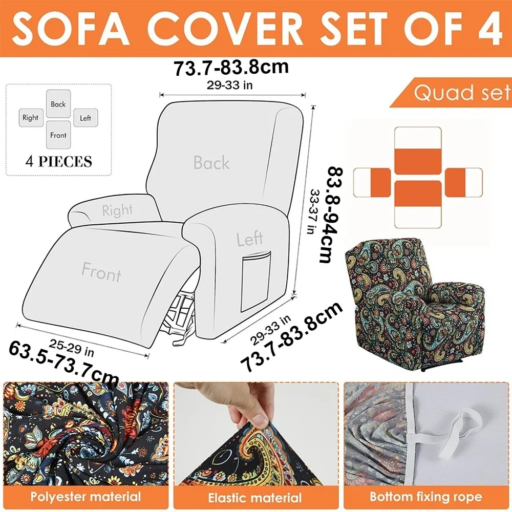 Non-slip Recliner Sofa Covers Dust-proof Removable Armchair Slipcover Boho Print Universal Fit for Living Room Bedroom 4pcs Set