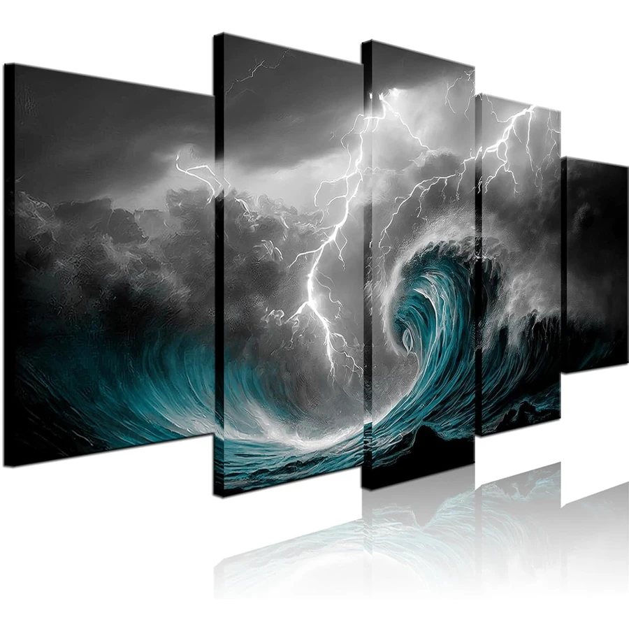 Diamond mosaic 5 Panel Black and White diamond painting Storm Sea Blue Ocean Wave Sea View Picture Natural Lightning home decor