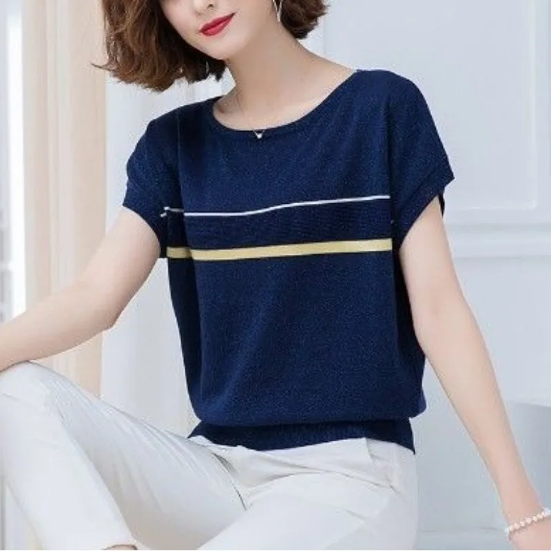 2023 Summer New Female Clothing Pullover Ice Silk Women\'s T-shirt Short Sleeve Knit Striped Loose Fashion Elegant Tops