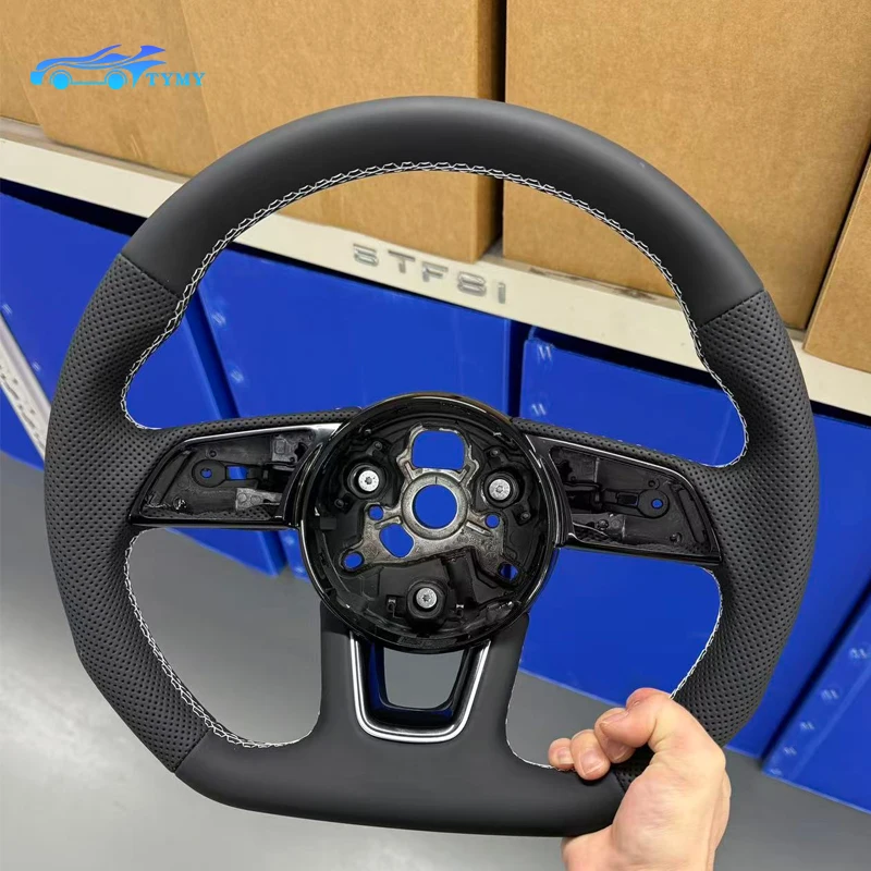 

For Audi RS3 RS4 RS5 A3 A4 B9 A5 S3 S4 S5 2017-2020 flat-bottom sports perforated leather steering wheel, white stitching