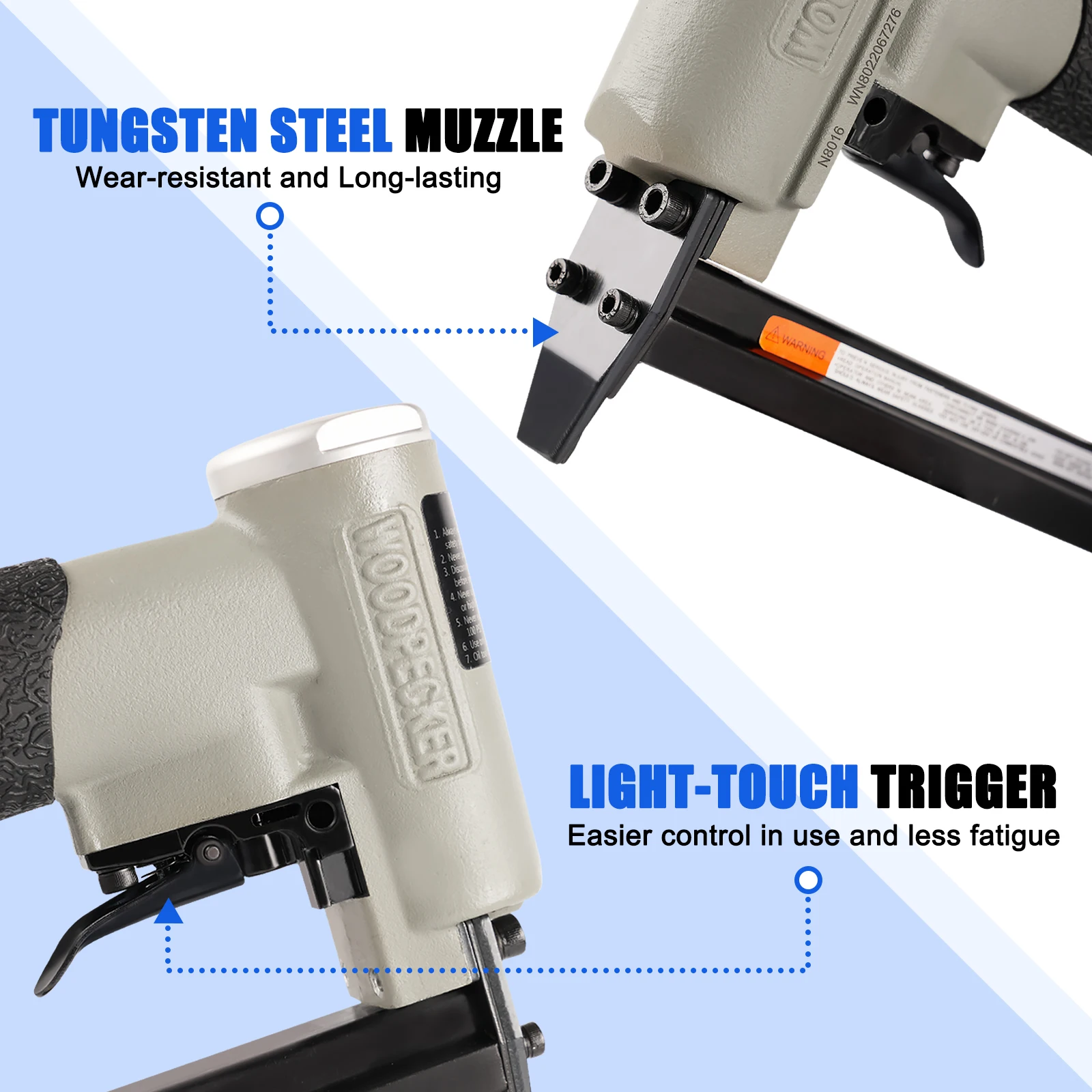 WOODPECKER N8016 21 Gauge Pneumatic Upholstery Stapler Power Tool, 12.8mm Crown 6-16mm Length Fine Wire Staples, for Woodworking