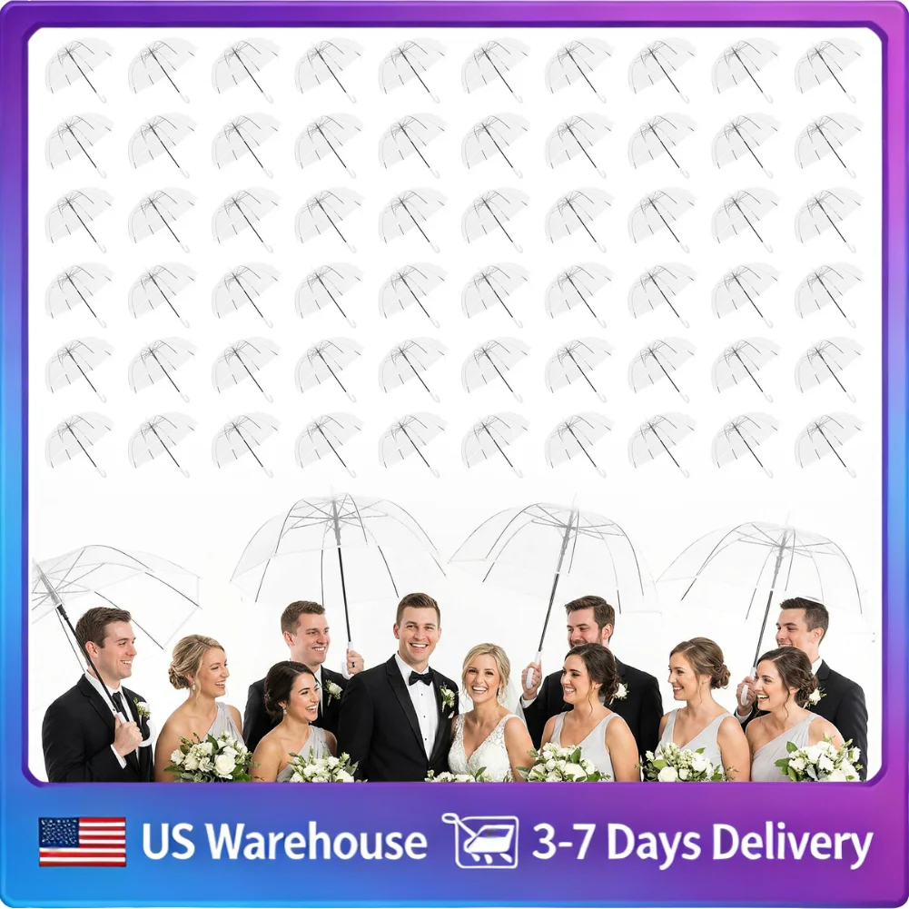 

60 прозрачных свадебных зонтов, ветрозащитные, с классической ручкой-крючком, стекловолоконными спицами, высокой видимостью