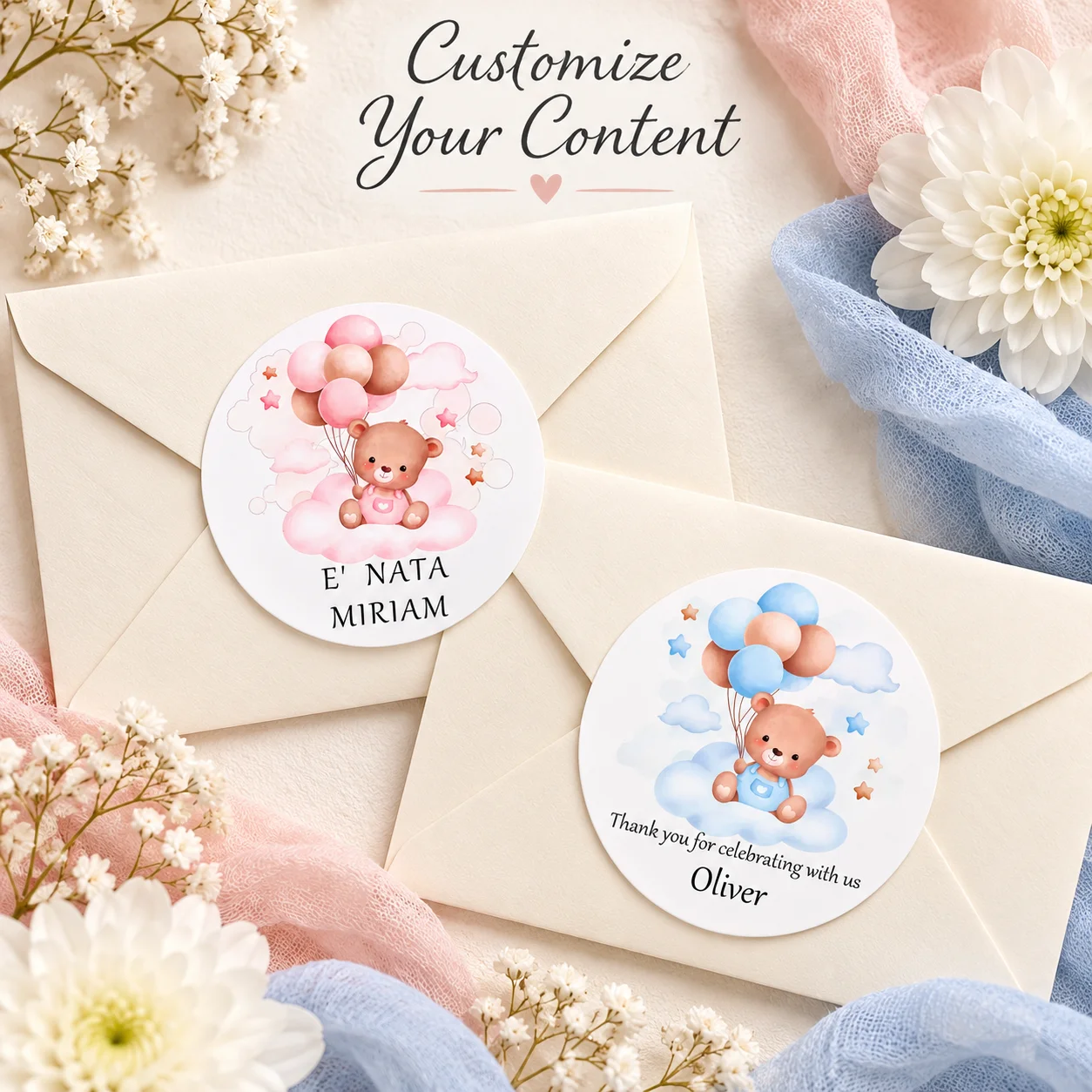 Customized Round Bear Balloon Stickers, Available in Pink and Blue with Cloud and Star Designs, Can Be Customized with Names and Messages, Suitable for Welcome Parties, Birthday Celebrations, Candy Bags, Gift Boxes, and Envelope Seals, Adding a Warm and Ceremonial Touch to Every Gesture of Kindness view 5