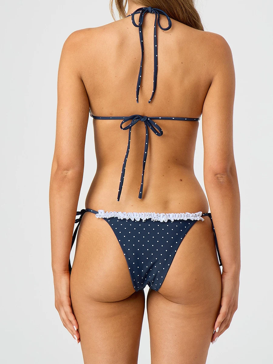 Two Pieces Swimsuits for Women Dot Print Halter Neck Backless Bikini Bra and Tie up Waist Briefs Sets Summer Beachwear Swimwear