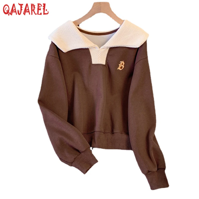 2024 New Long Sleeve Doll Collar Sweatshirts Autumn Winter Black Knitted Thick Warm Pullovers Women Korean Elegant Casual Coats