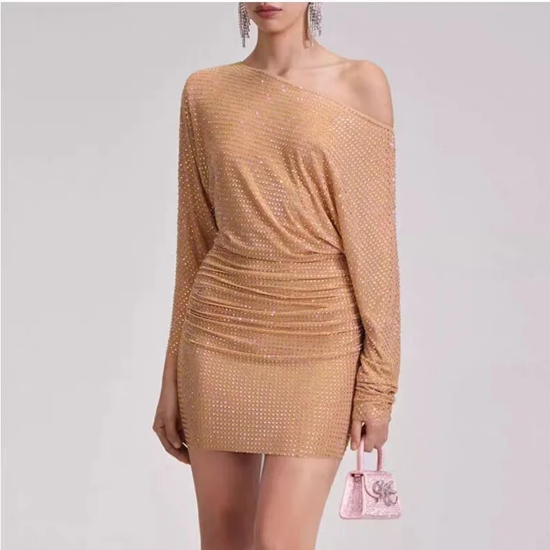 Women hot diamond wrap hip dress Asymmetric shoulder fashion mini dress