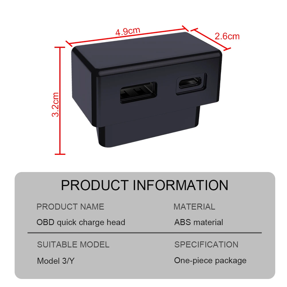 Car OBD Fast Charger for Tesla Model 3 Y X S Mobile Phone Charging Adapter OBD2 Splitter USB and Type-C Dual Port Plug Head