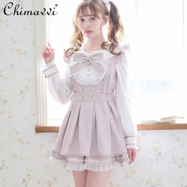 

Liz Japanese Sweet Big Bow Bib Larger Size Dress Set Autumn New Cute Girl Long Sleeve Slim Top and Skirt Princess Lolita Sets