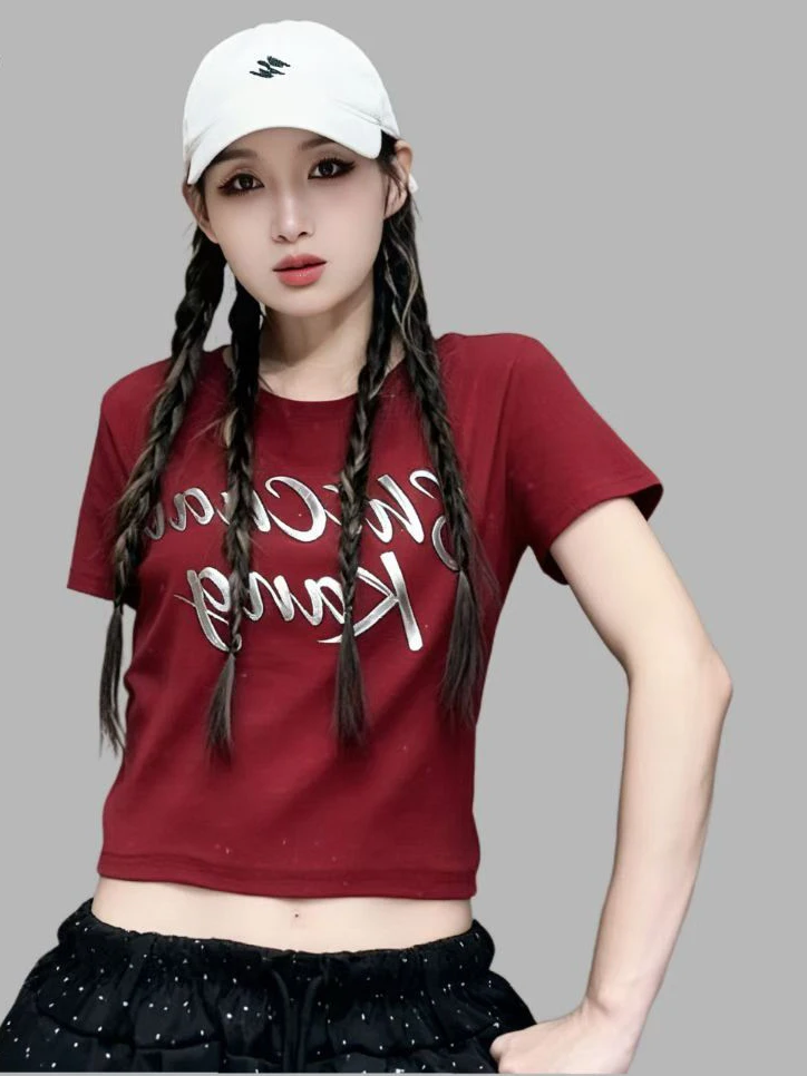 summer-square-dance-t-shirt-women's-slim-fit-short-sleeve-round-neck-jazz-dancewear-printed-odel-cotton-glitter-letter-design