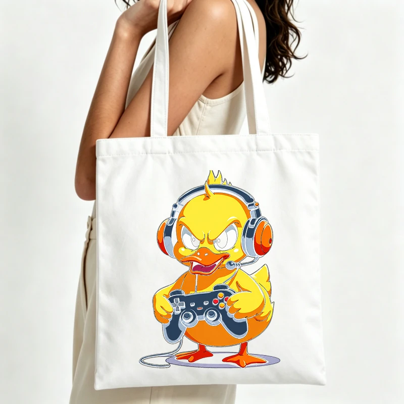 cute duck with gaming controller graphic canvas tote bag, casual style for daily shopping and outings