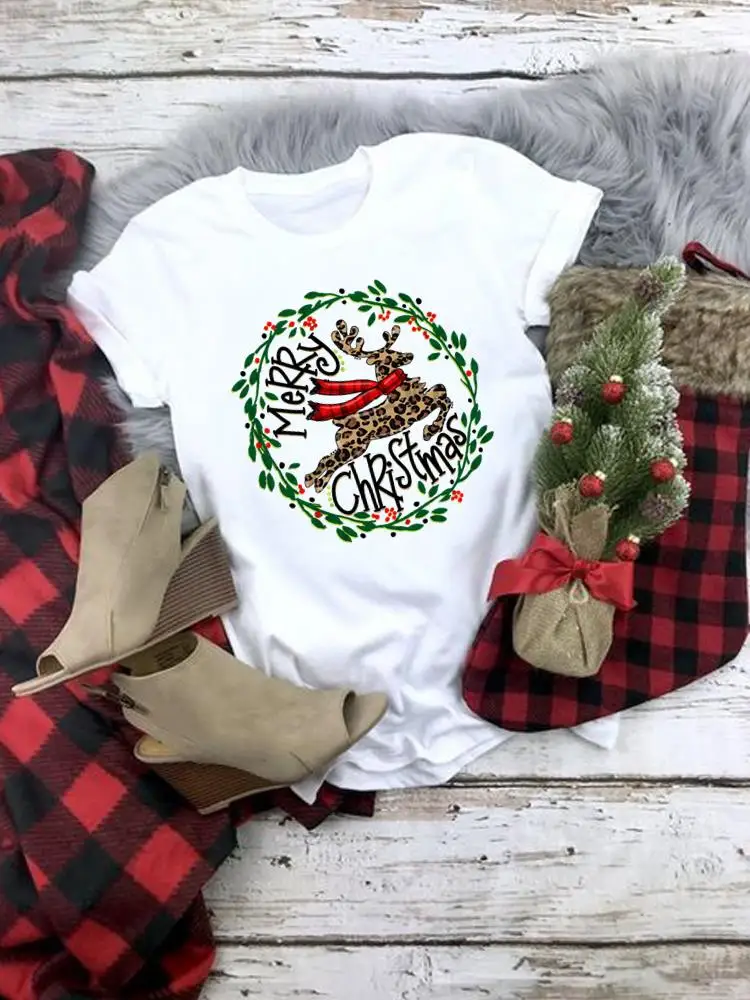 Fashion New Year Christmas Tee Women Top Clothes Leopard Deer Happy Holiday Printed T Shirt Clothing Graphic T-shirts