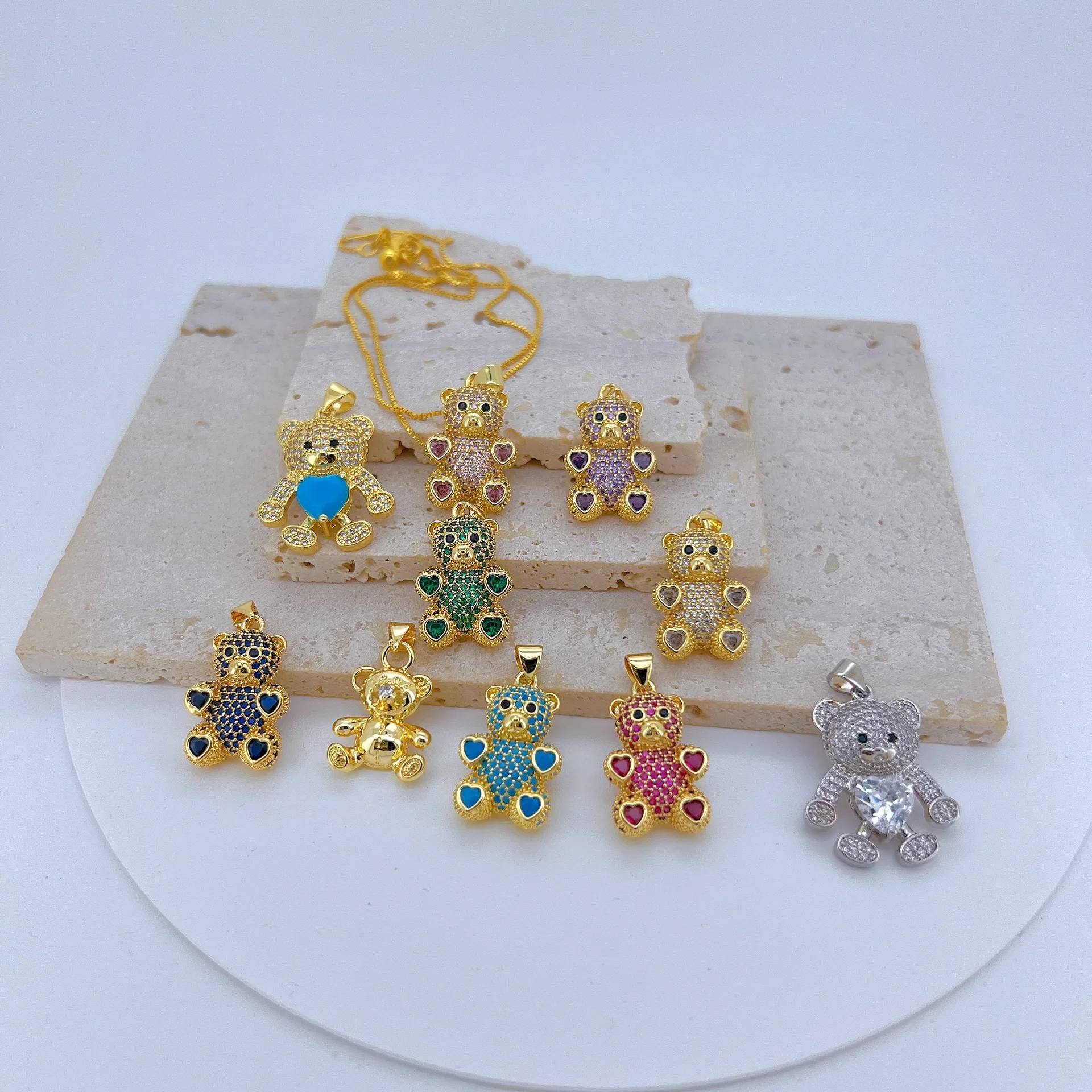 3Pcs Bear Pendant Diy Jewelry Making Supplies Inlay Colorful Zircon Cross Plated Necklace Accessorie High Quality Gift Wholesale