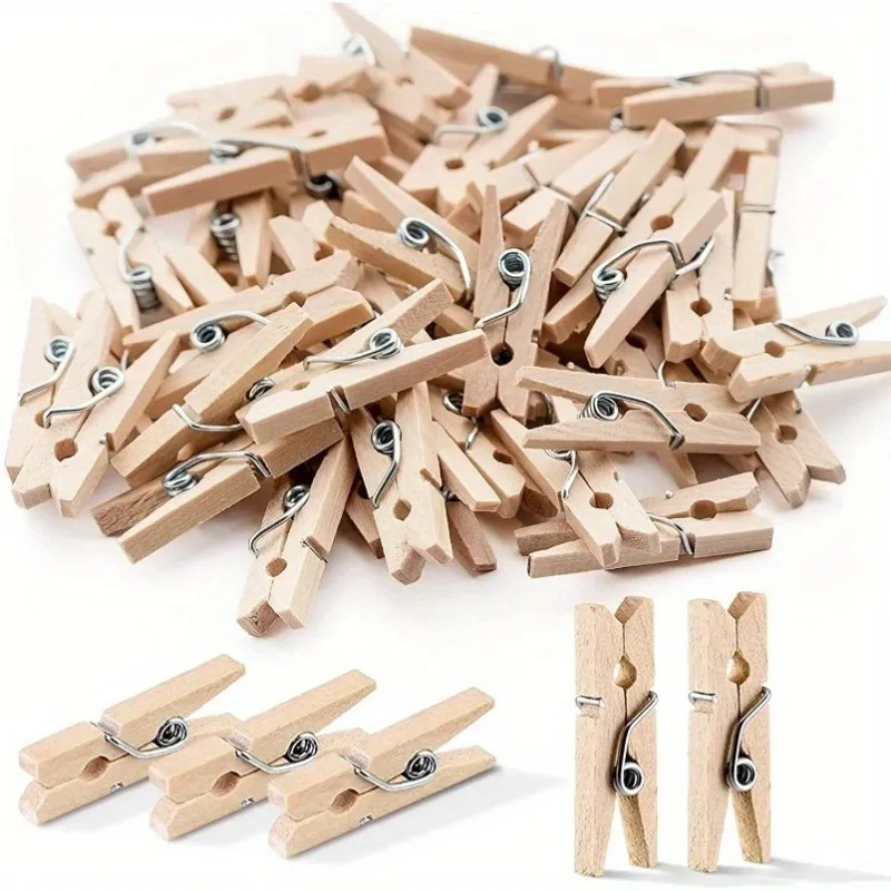25mm Natural Wood Mini Clips, Wooden Pegs with Metal Spring, Decorative Log Color Cards Clips, clips, Pegs, Clothes Fastener, DIY Party Favors for Wedding Photos, Craft Decoration Clips 50Pcs/100Pcs/200Pcs