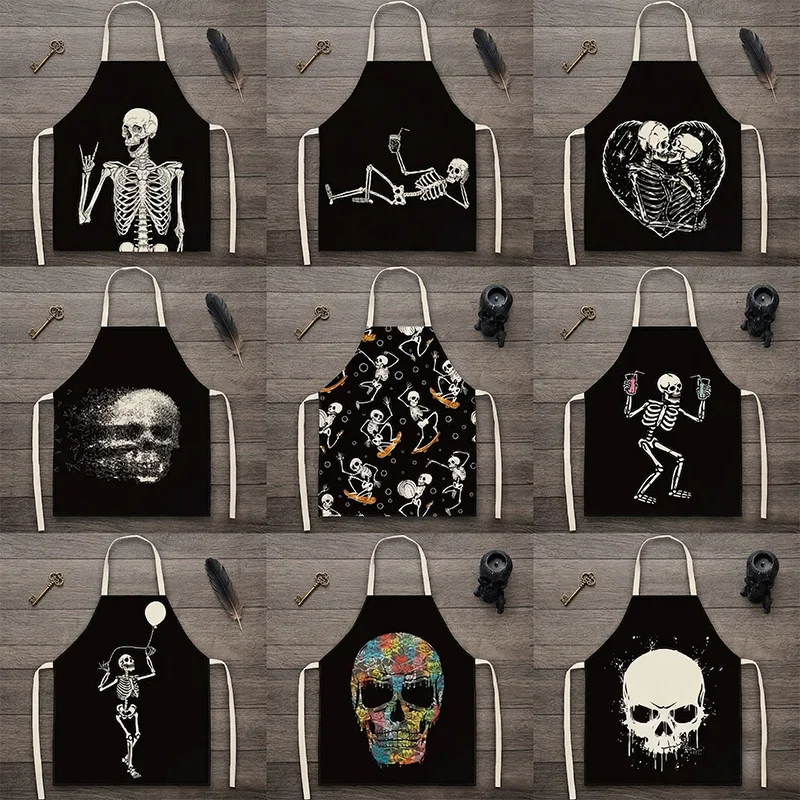 

Gothic Skeleton Skull Print Apron Men Women Kitchen Cooking Baking Pinafore Halloween Party BBQ Grill Bib Home Cleaning Tablier
