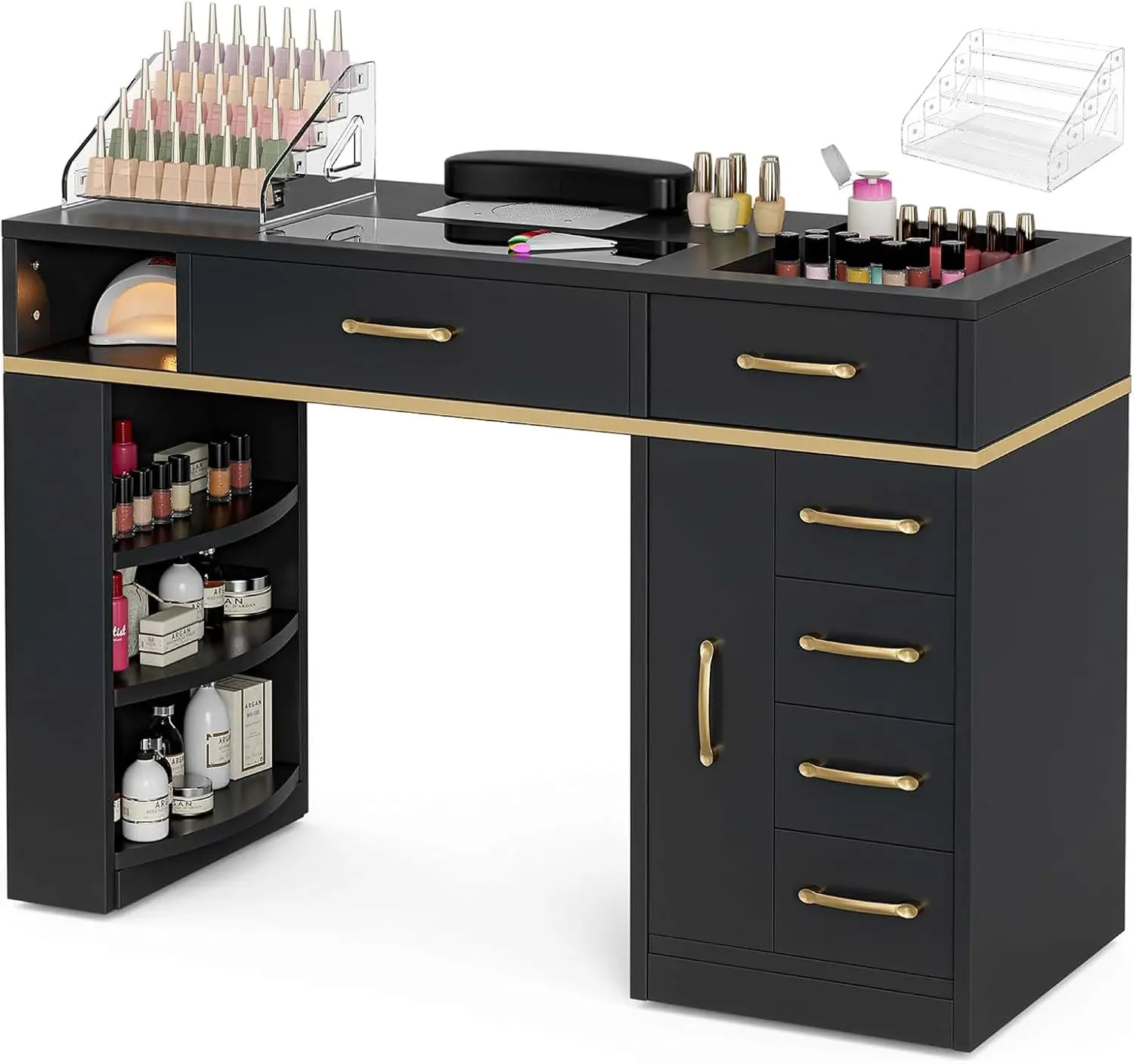 Manicure Table Nail Station for Nail Tech, Glass Top Nail Table w/Electric Dust Collector, 7 Drawers & Shelves, Customized